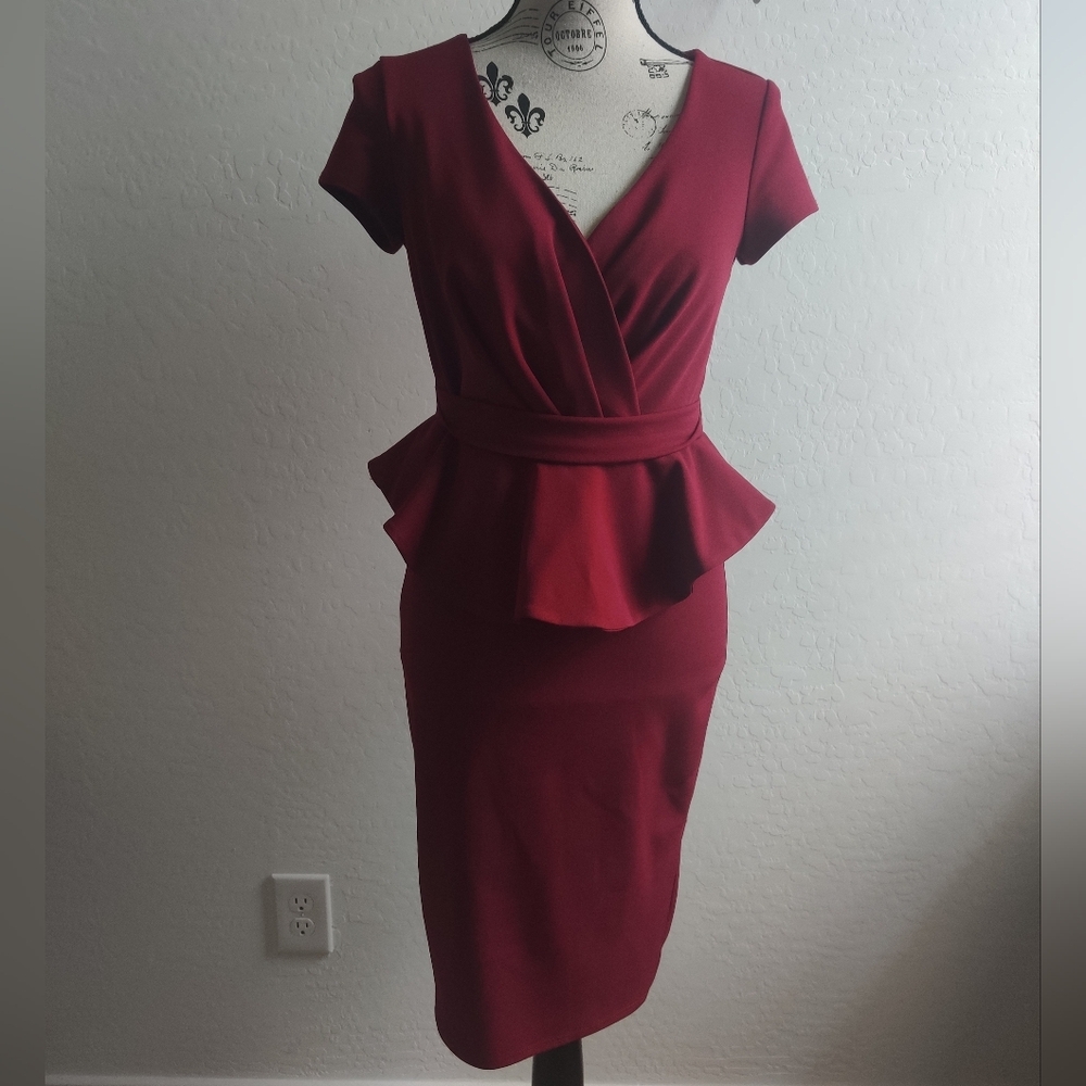 🆕 City Goddess Red Burgundy peplum Ruffle plunge sexy midi dress Office Work_6